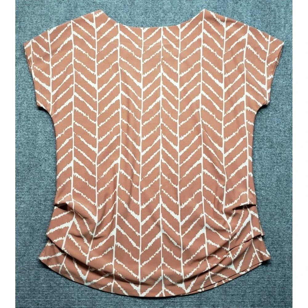 AUW Blouse Womens M Brown White Striped Boat Neck Button Cap Sleeve Pullover - Picture 5 of 10